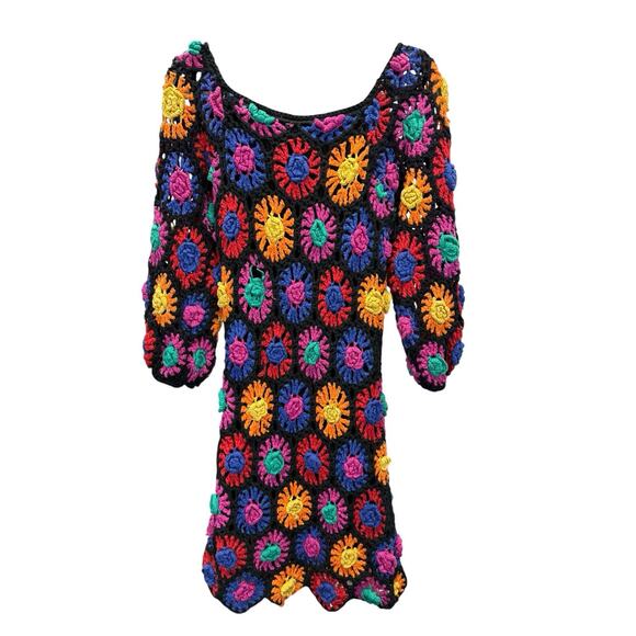 Farm Rio Crochet Knit Mini Dress Multicolor Floral Boho Festival Cotton S - Picture 5 of 12
